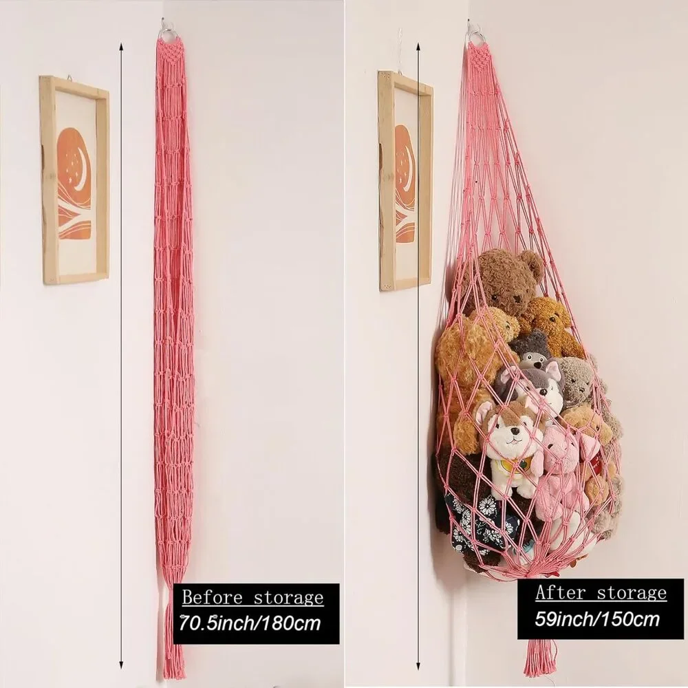 Stuffed Animal Hammock Corner Net Pink XXL Macrame Plush Toy Storage Wall Holder